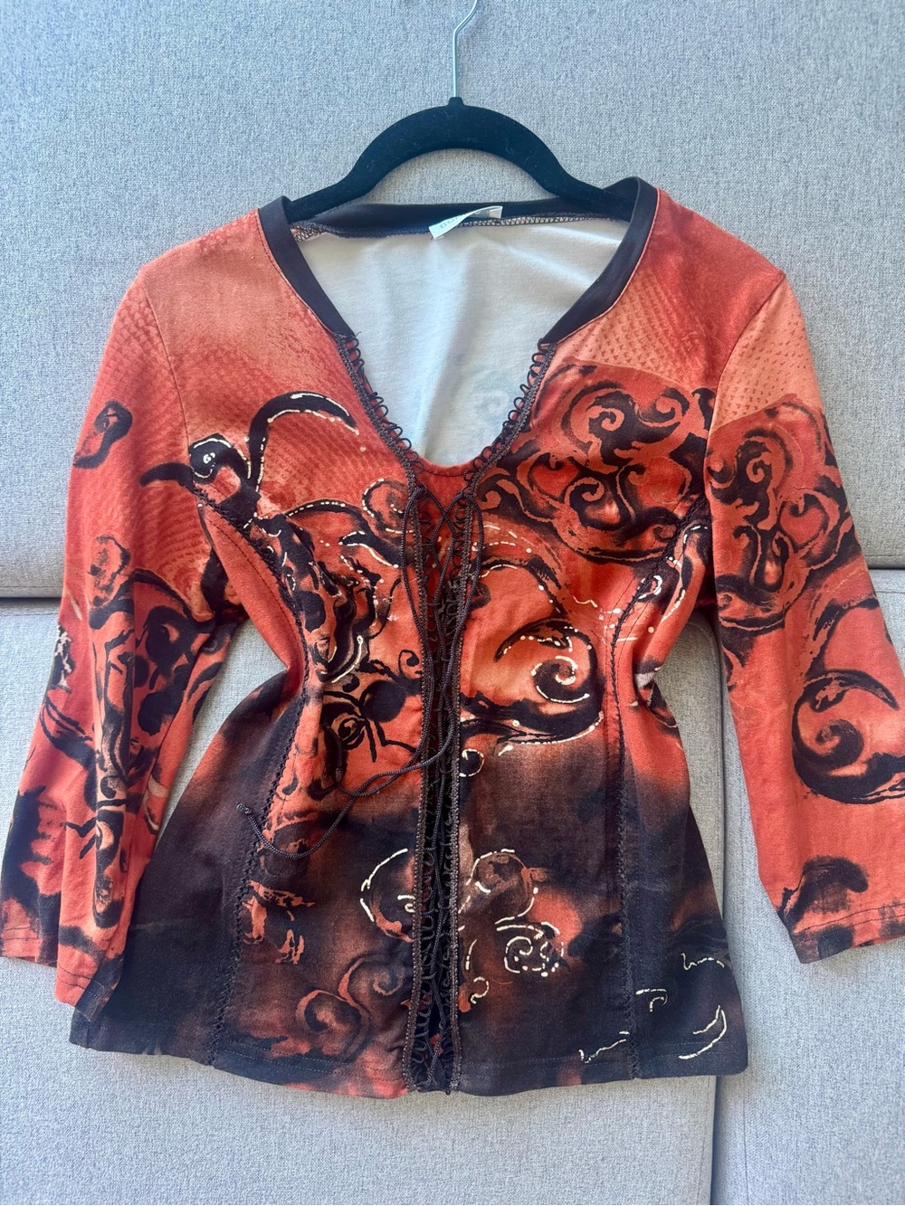Women's Red-Orange & Black Lace-Up V-Neck Top